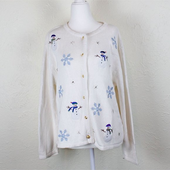 Crystal Kobe vintage 90s white Christmas snowflake sweater cardigan - Picture 1 of 8